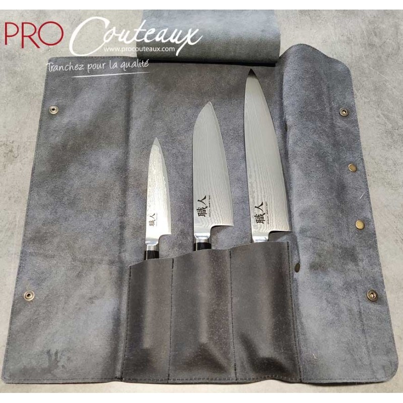 Set 3 Couteaux Japonais Damas - Edition limitée - Mallette cuir OFFERTE